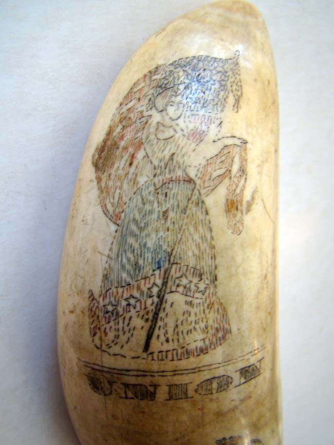 A 19th century scrimshawed polycome decorated whale's tooth featuring LADY LIBERTY, UNION and a family or regimental crest circa 1860. — image 2